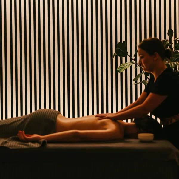 Une personne reçoit un massage sur une table dans une pièce avec une plante et des stores verticaux