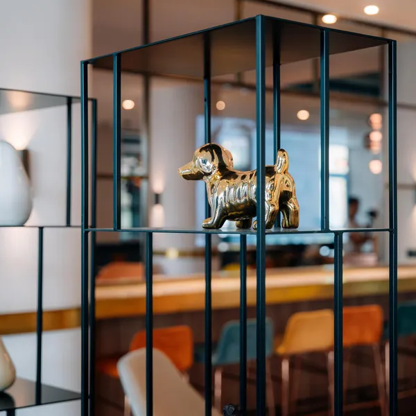Une sculpture dorée de chien dans une cage en métal noir devant une vitrine avec des chaises colorées